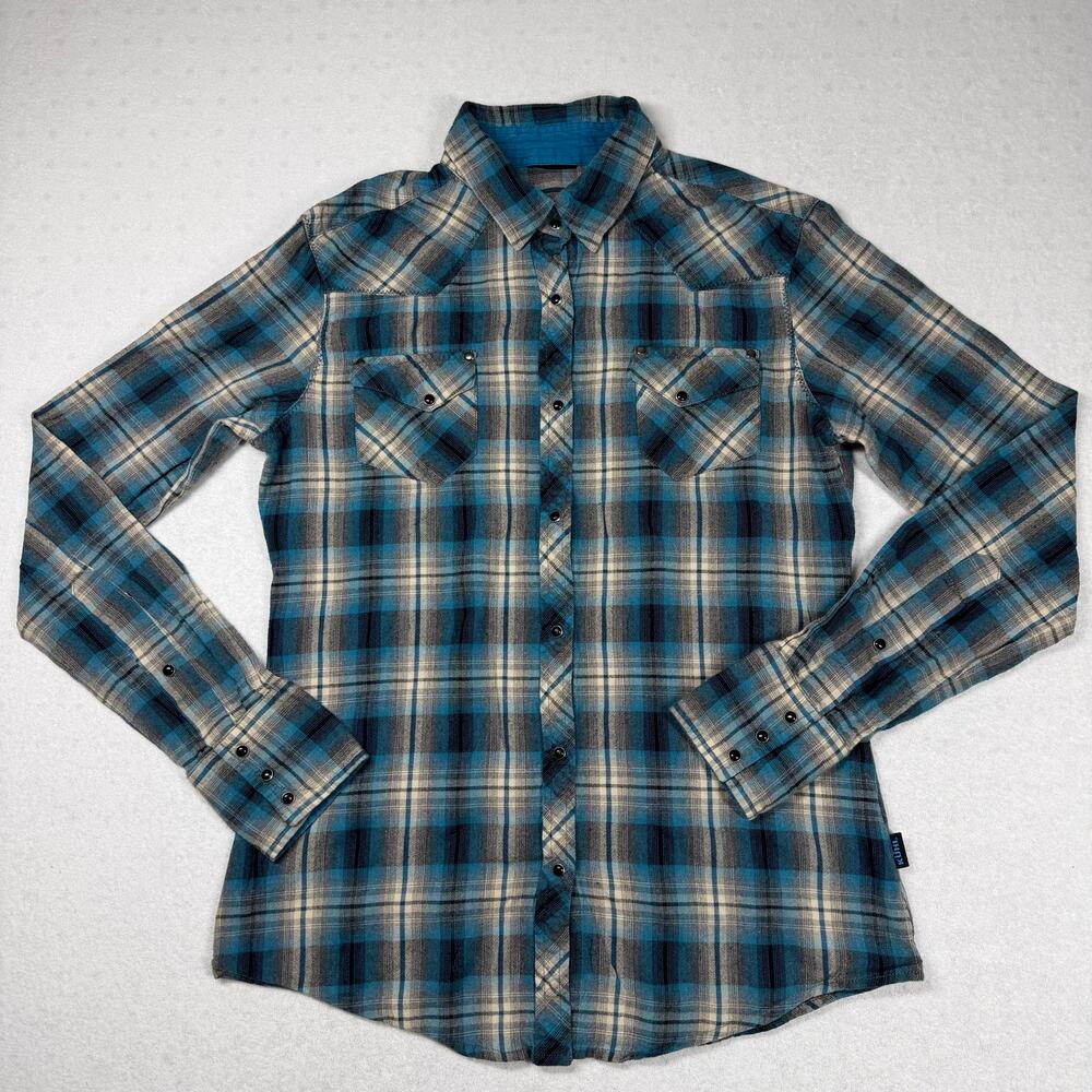 KÜHL Women’s Small Blue Plaid Western Pearl Snap Long Sleeve Hiking Shirt
